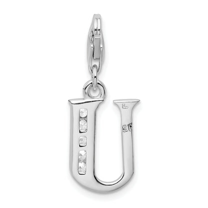 Sterling Silver Amore La Vita Rhodium-Plated Polished Cz Letter U Initial Charm With Fancy Lobster Clasp