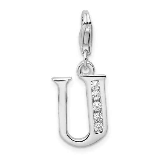 Sterling Silver Amore La Vita Rhodium-Plated Polished Cz Letter U Initial Charm With Fancy Lobster Clasp