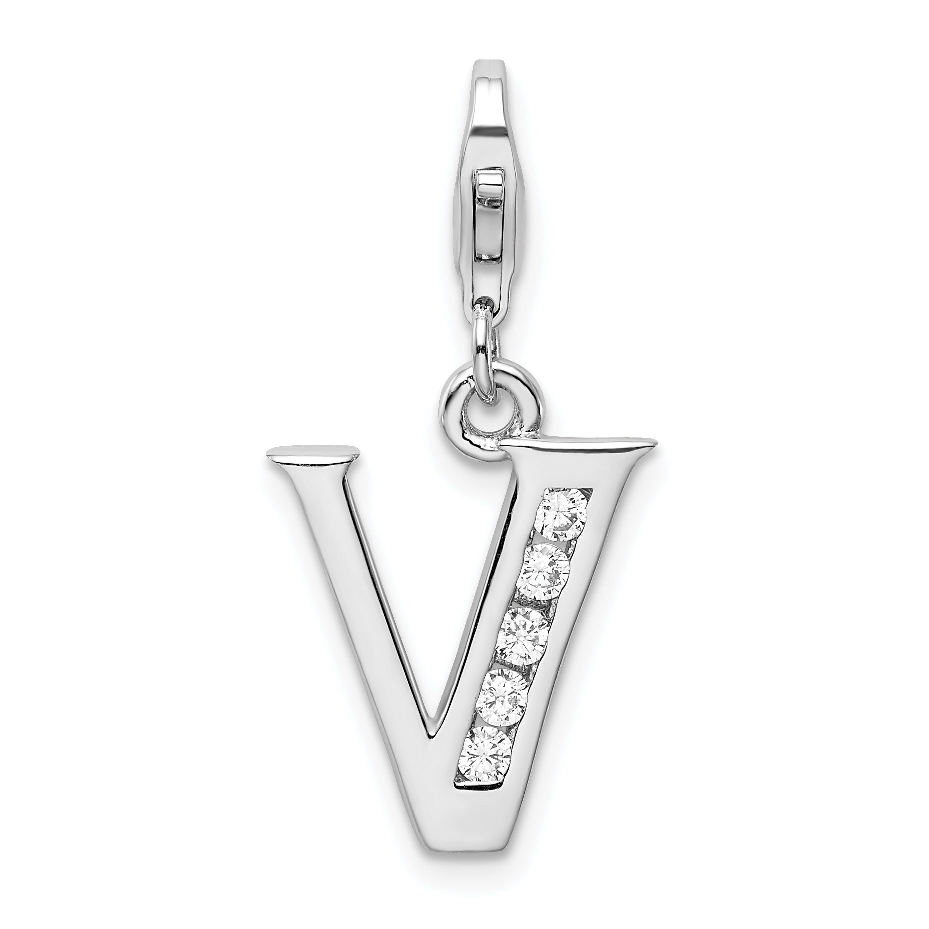 Sterling Silver Amore La Vita Rhodium-Plated Polished Cz Letter V Initial Charm With Fancy Lobster Clasp