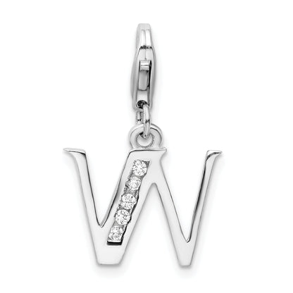 Sterling Silver Amore La Vita Rhodium-Plated Polished Cz Letter W Initial Charm With Fancy Lobster Clasp