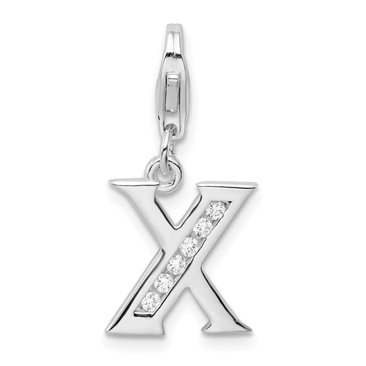 Sterling Silver Amore La Vita Rhodium-Plated Polished Cz Letter X Initial Charm With Fancy Lobster Clasp