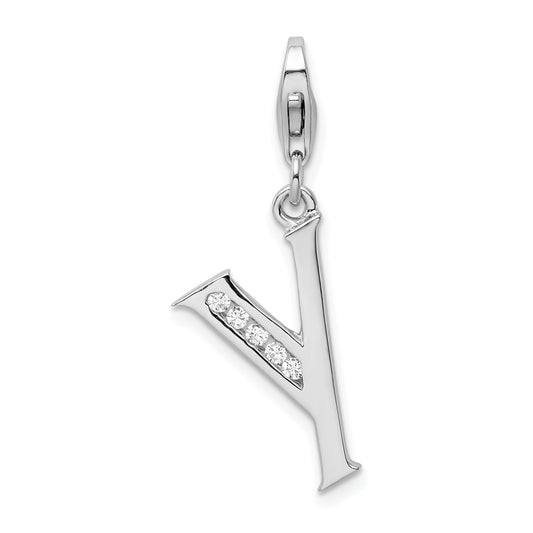 Sterling Silver Amore La Vita Rhodium-Plated Polished Cz Letter Y Initial Charm With Fancy Lobster Clasp