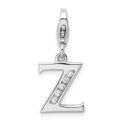 Sterling Silver Amore La Vita Rhodium-Plated Polished Cz Letter Z Initial Charm With Fancy Lobster Clasp