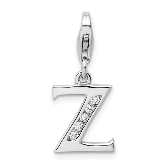 Sterling Silver Amore La Vita Rhodium-Plated Polished Cz Letter Z Initial Charm With Fancy Lobster Clasp