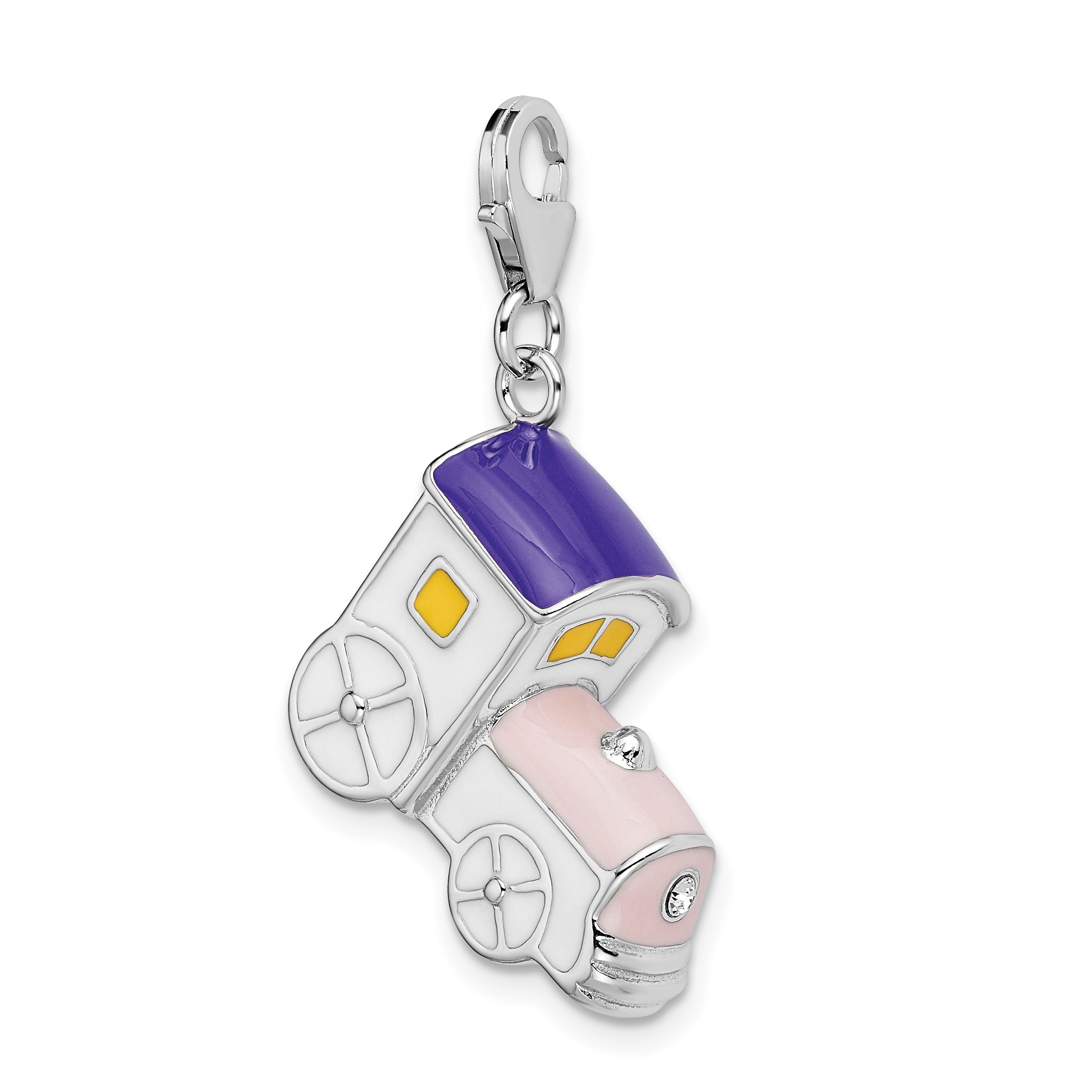 Sterling Silver Amore La Vita Rhodium-Plated Polished 3-D Enameled Train Charm With Fancy Lobster Clasp