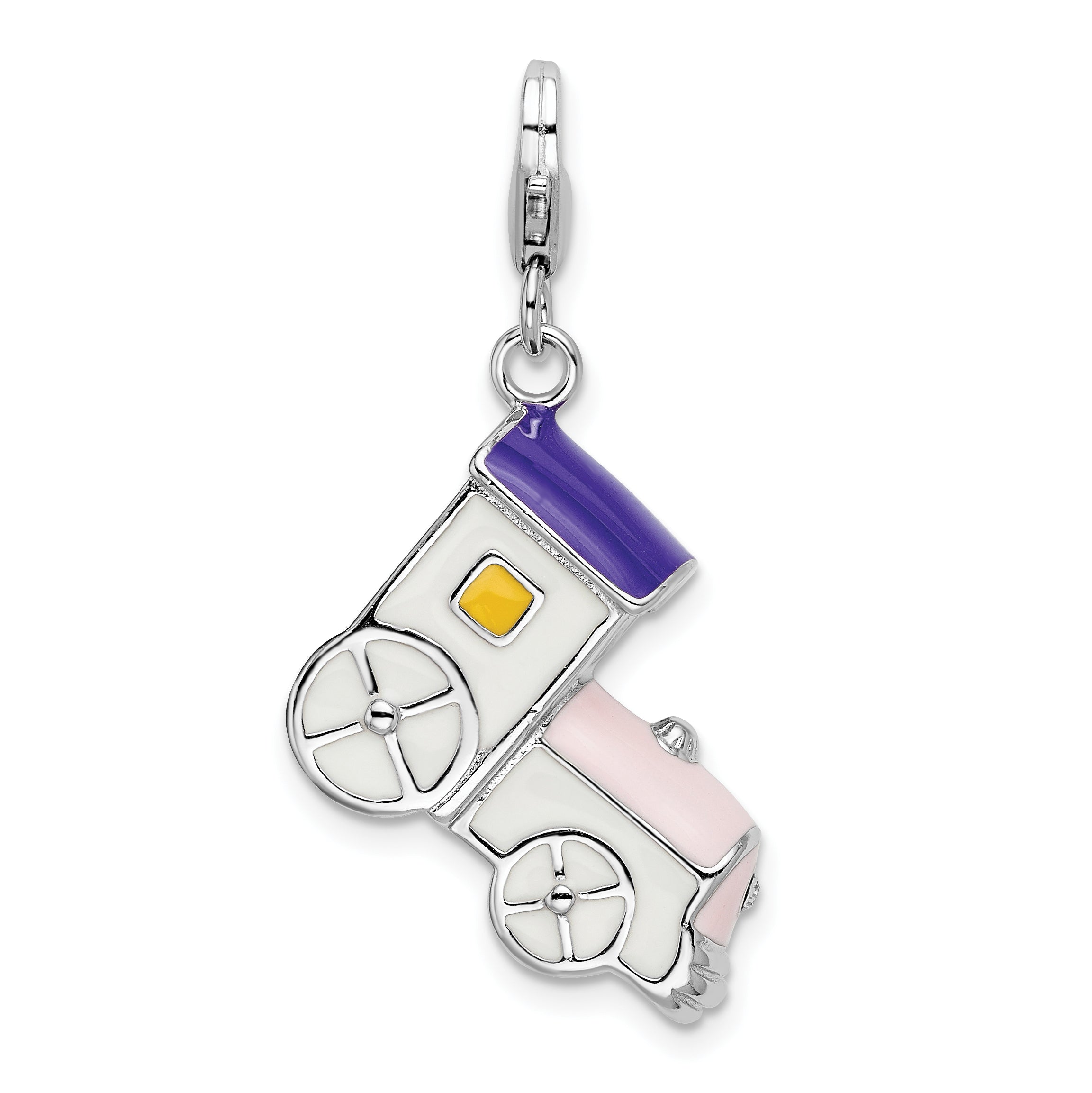 Sterling Silver Amore La Vita Rhodium-Plated Polished 3-D Enameled Train Charm With Fancy Lobster Clasp