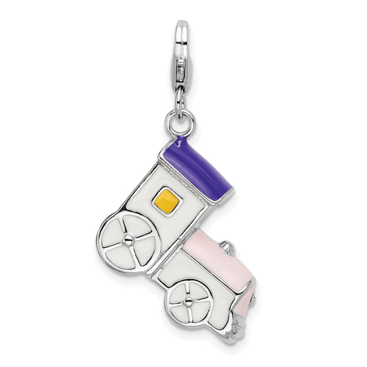 Sterling Silver Amore La Vita Rhodium-Plated Polished 3-D Enameled Train Charm With Fancy Lobster Clasp