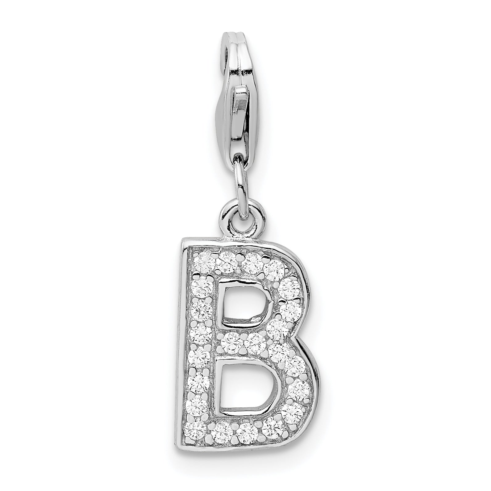 Sterling Silver Amore La Vita Rhodium-Plated Polished Cz Letter B Initial Charm With Fancy Lobster Clasp