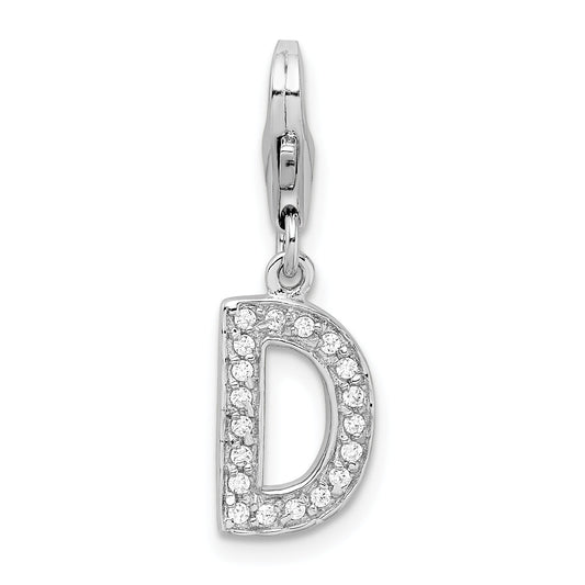 Sterling Silver Amore La Vita Rhodium-Plated Polished Cz Letter D Initial Charm With Fancy Lobster Clasp