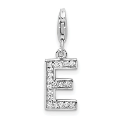 Sterling Silver Amore La Vita Rhodium-Plated Polished Cz Letter E Initial Charm With Fancy Lobster Clasp