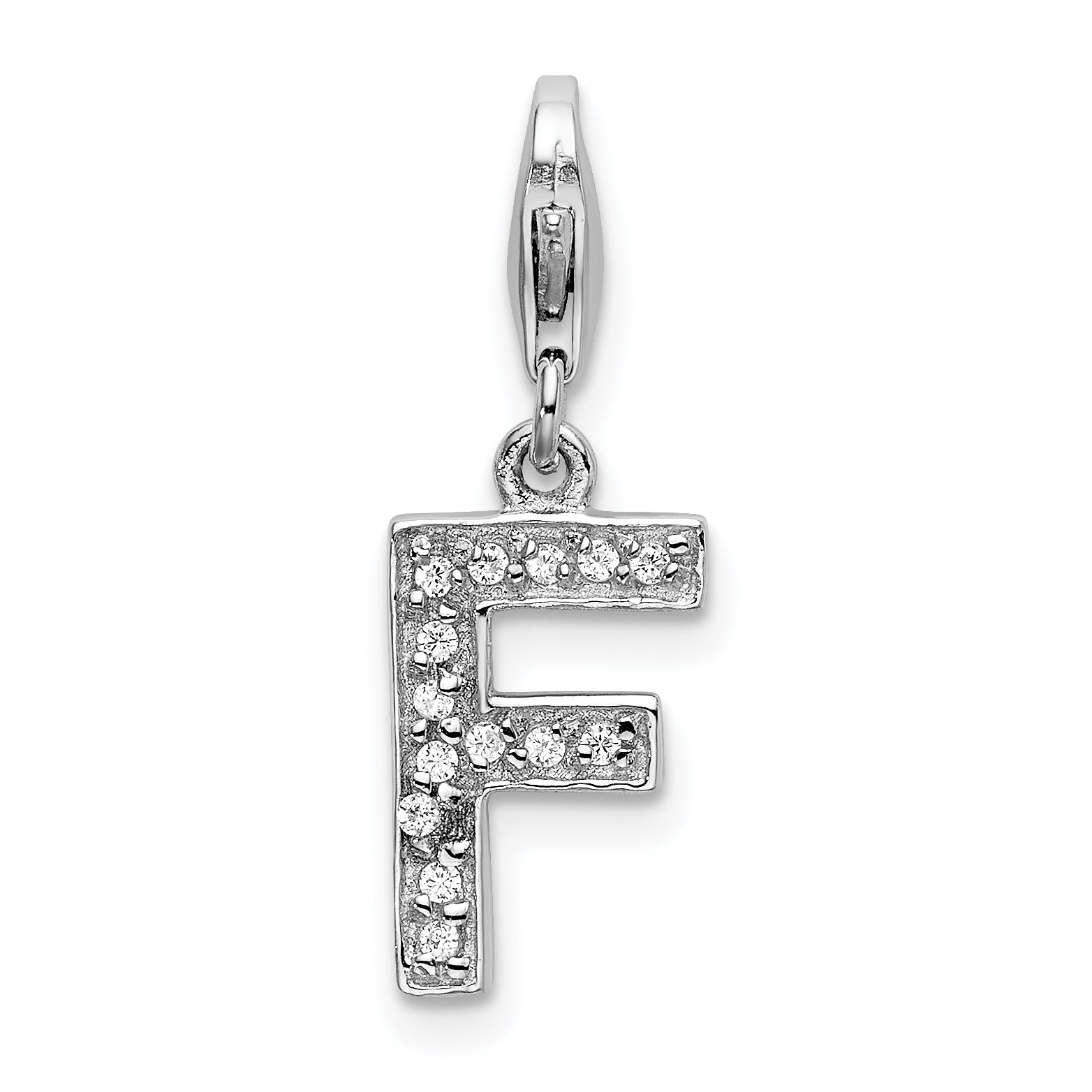 Sterling Silver Amore La Vita Rhodium-Plated Polished Cz Letter F Initial Charm With Fancy Lobster Clasp