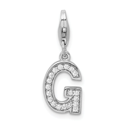 Sterling Silver Amore La Vita Rhodium-Plated Polished Cz Letter G Initial Charm With Fancy Lobster Clasp
