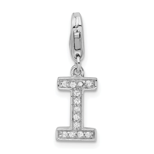 Sterling Silver Amore La Vita Rhodium-Plated Polished Cz Letter I Initial Charm With Fancy Lobster Clasp