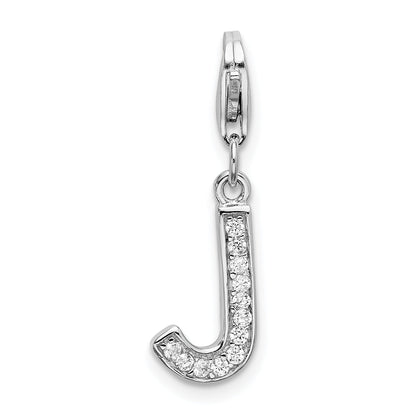 Sterling Silver Amore La Vita Rhodium-Plated Polished Cz Letter J Initial Charm With Fancy Lobster Clasp