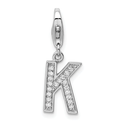 Sterling Silver Amore La Vita Rhodium-Plated Polished Cz Letter K Initial Charm With Fancy Lobster Clasp