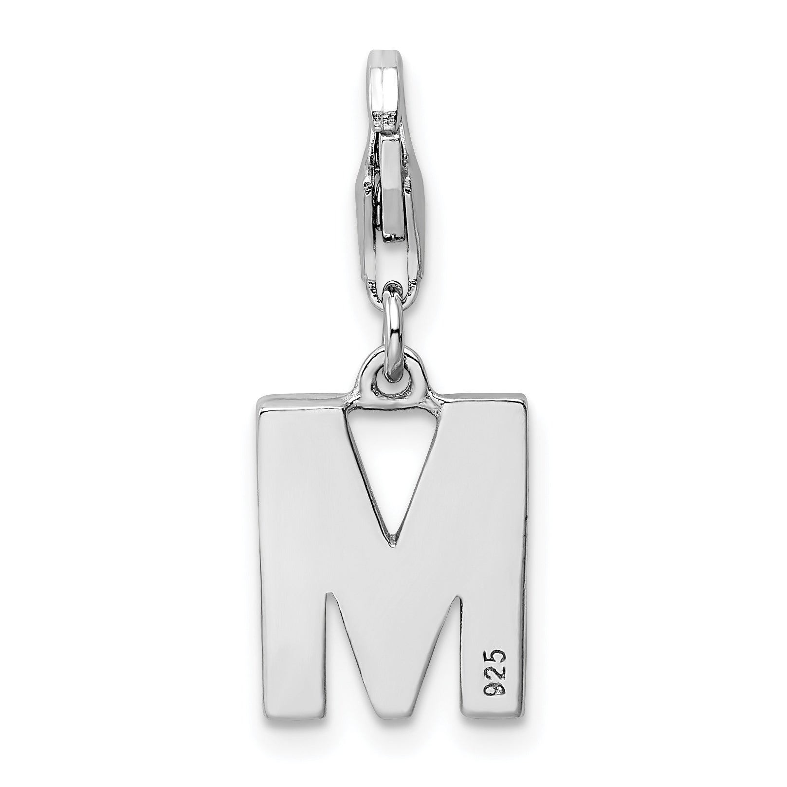 Sterling Silver Amore La Vita Rhodium-Plated Polished Cz Letter M Initial Charm With Fancy Lobster Clasp