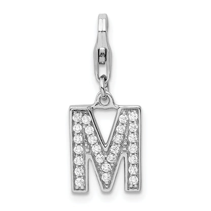 Sterling Silver Amore La Vita Rhodium-Plated Polished Cz Letter M Initial Charm With Fancy Lobster Clasp