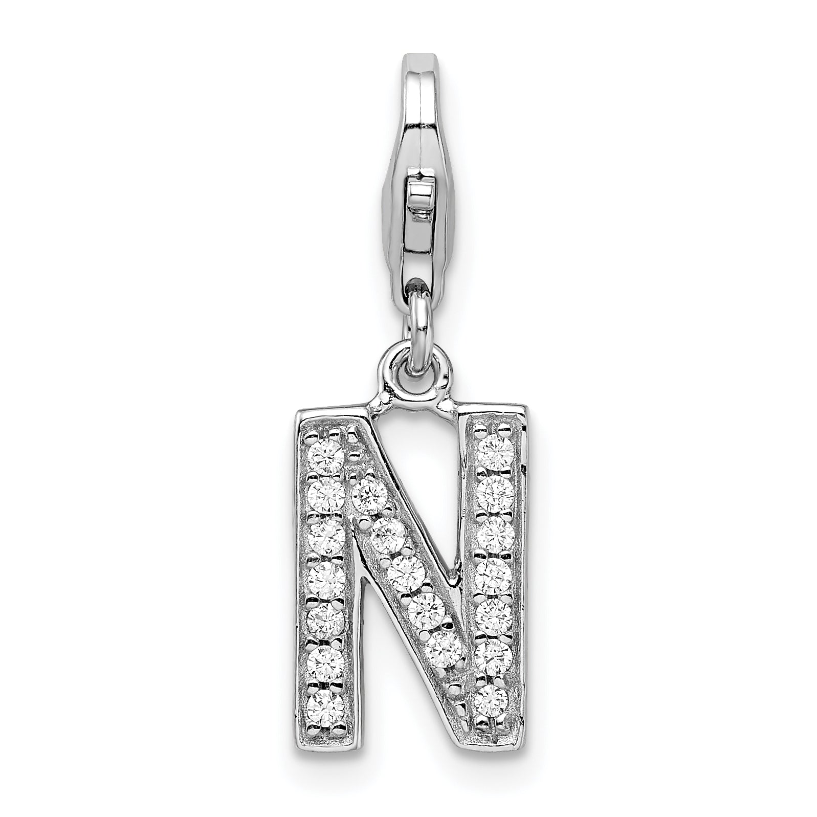 Sterling Silver Amore La Vita Rhodium-Plated Polished Cz Letter N Initial Charm With Fancy Lobster Clasp
