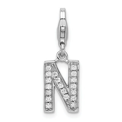 Sterling Silver Amore La Vita Rhodium-Plated Polished Cz Letter N Initial Charm With Fancy Lobster Clasp