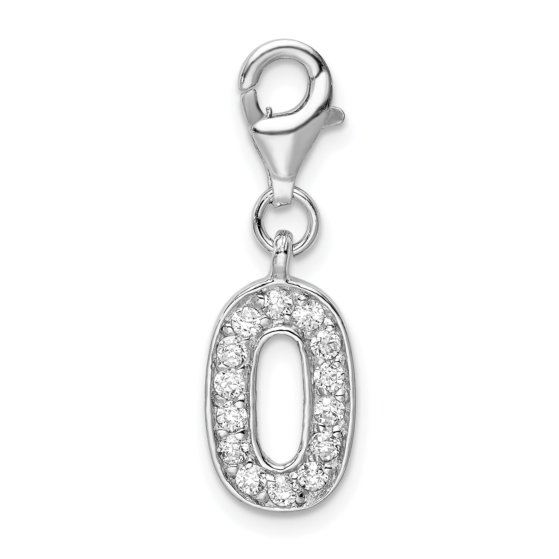 Sterling Silver Amore La Vita Rhodium-Plated Polished Cz Numeral 0 Charm With Fancy Lobster Clasp