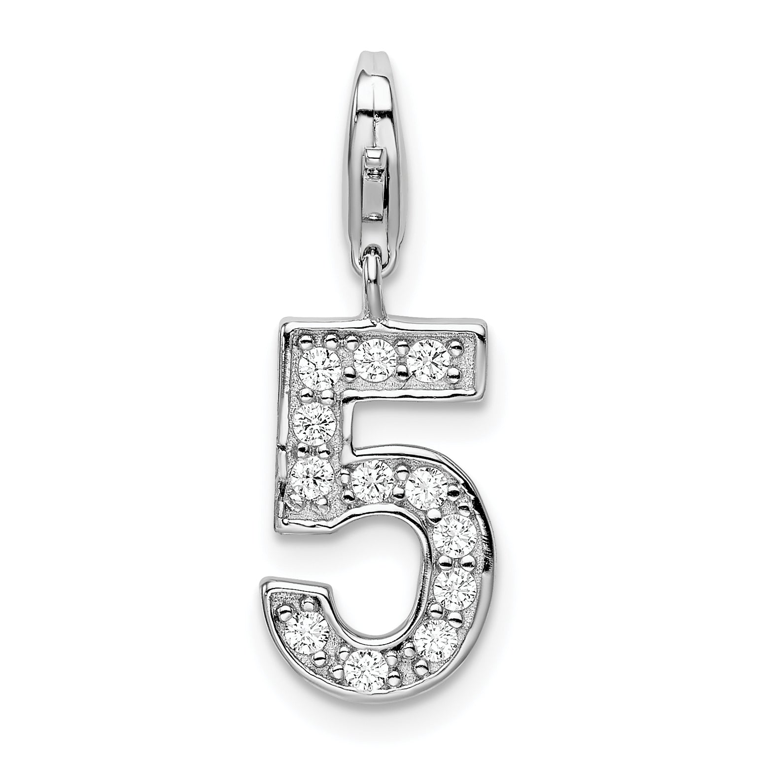 Sterling Silver Rh Cz Numeral 5 W/Lobster Clasp Charm