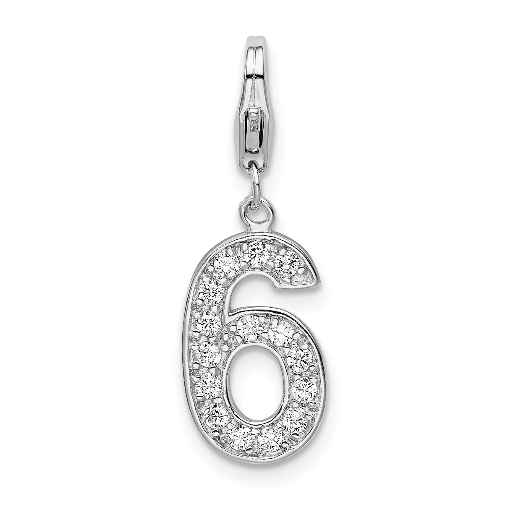 Sterling Silver Rh Cz Numeral 6 W/Lobster Clasp Charm