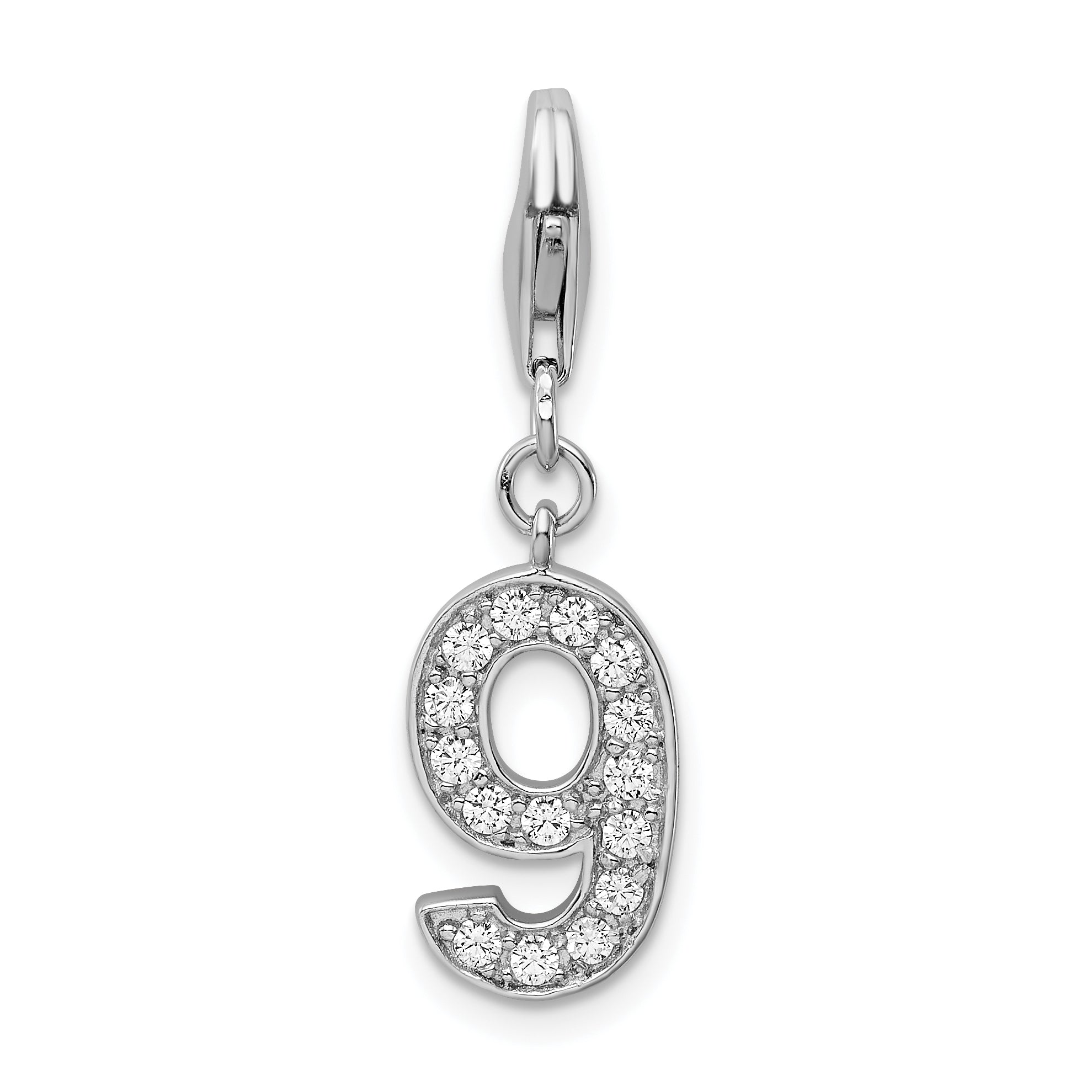 Sterling Silver Rh Cz Numeral 9 W/Lobster Clasp Charm