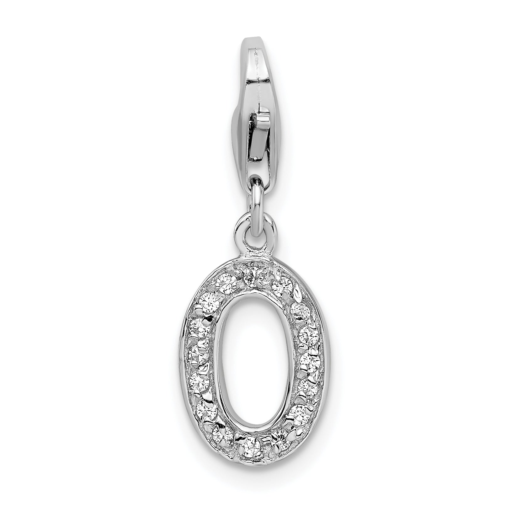 Sterling Silver Amore La Vita Rhodium-Plated Polished Cz Letter O Initial Charm With Fancy Lobster Clasp