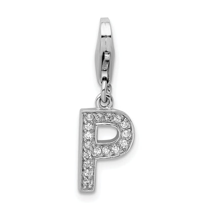 Sterling Silver Amore La Vita Rhodium-Plated Polished Cz Letter P Initial Charm With Fancy Lobster Clasp