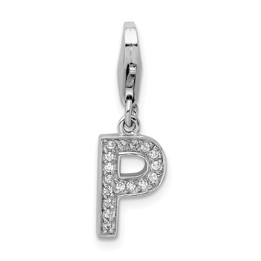 Sterling Silver Amore La Vita Rhodium-Plated Polished Cz Letter P Initial Charm With Fancy Lobster Clasp