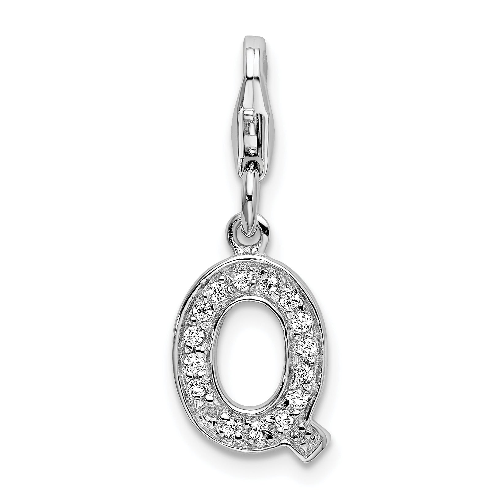 Sterling Silver Amore La Vita Rhodium-Plated Polished Cz Letter Q Initial Charm With Fancy Lobster Clasp