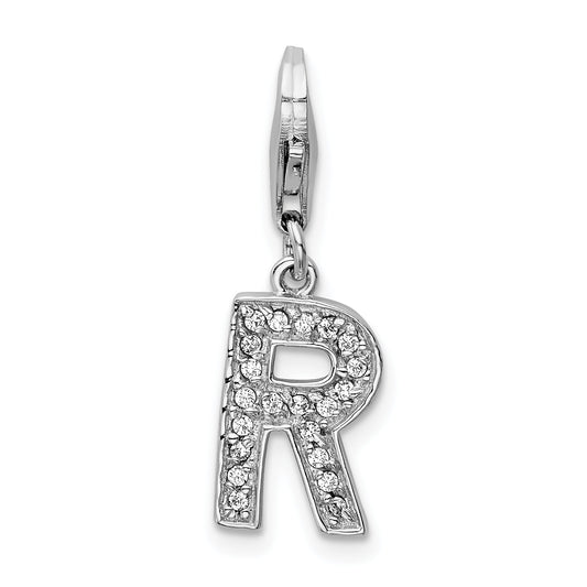 Sterling Silver Amore La Vita Rhodium-Plated Polished Cz Letter R Initial Charm With Fancy Lobster Clasp