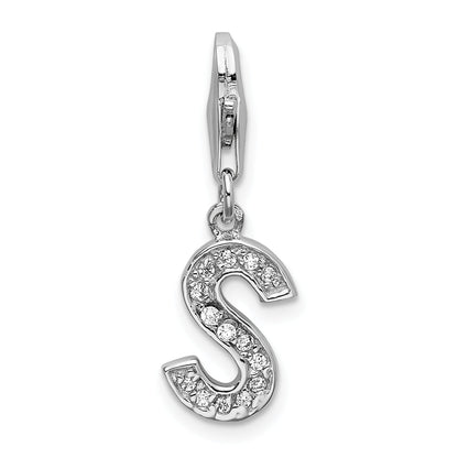 Sterling Silver Amore La Vita Rhodium-Plated Polished Cz Letter S Initial Charm With Fancy Lobster Clasp