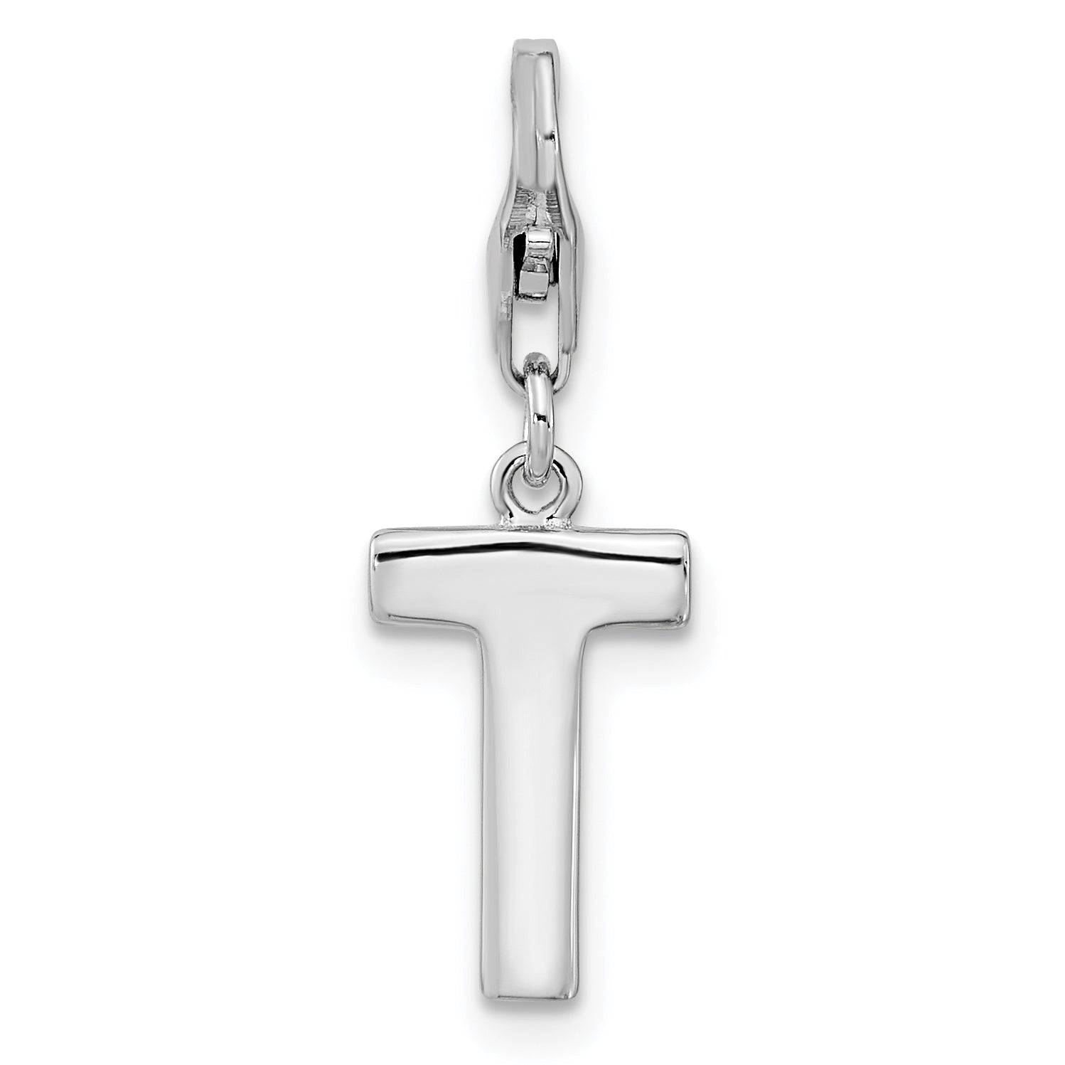 Sterling Silver Amore La Vita Rhodium-Plated Polished Cz Letter T Initial Charm With Fancy Lobster Clasp