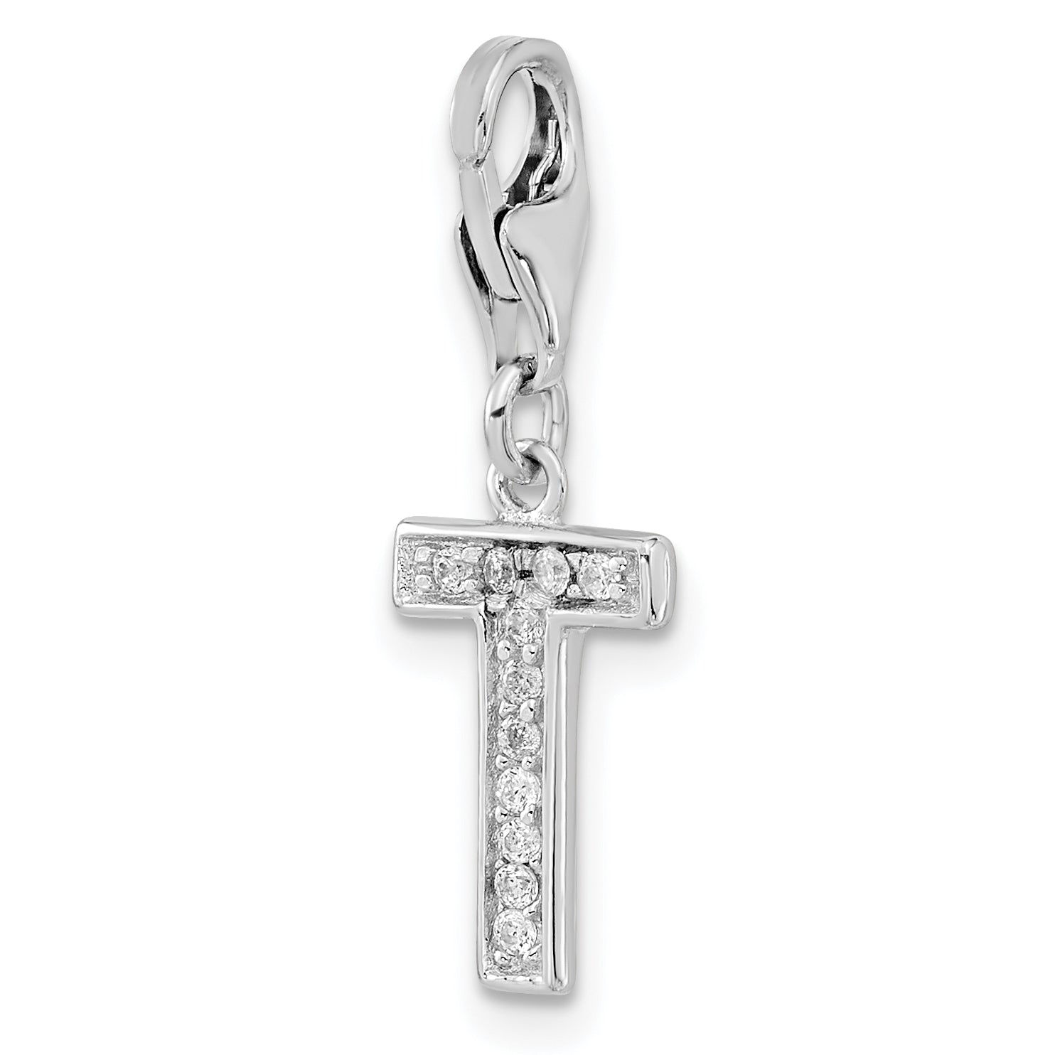 Sterling Silver Amore La Vita Rhodium-Plated Polished Cz Letter T Initial Charm With Fancy Lobster Clasp