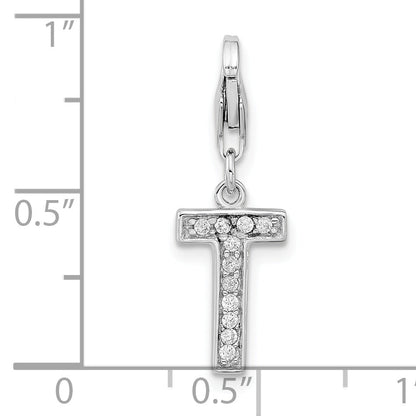 Sterling Silver Amore La Vita Rhodium-Plated Polished Cz Letter T Initial Charm With Fancy Lobster Clasp