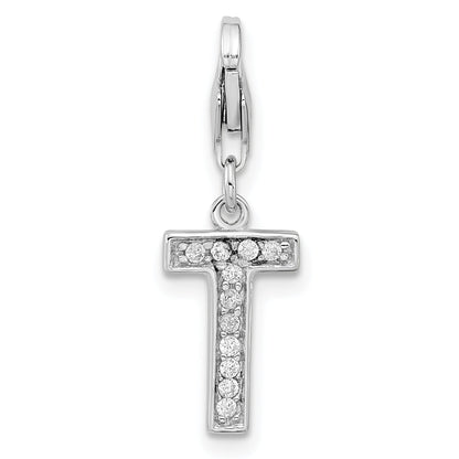 Sterling Silver Amore La Vita Rhodium-Plated Polished Cz Letter T Initial Charm With Fancy Lobster Clasp
