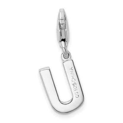 Sterling Silver Amore La Vita Rhodium-Plated Polished Cz Letter U Initial Charm With Fancy Lobster Clasp