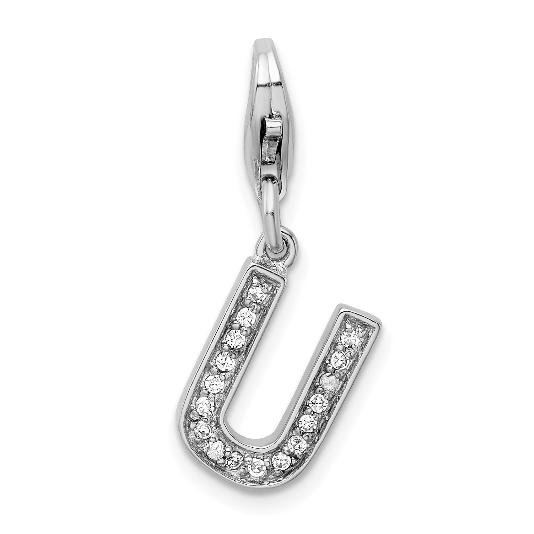 Sterling Silver Amore La Vita Rhodium-Plated Polished Cz Letter U Initial Charm With Fancy Lobster Clasp