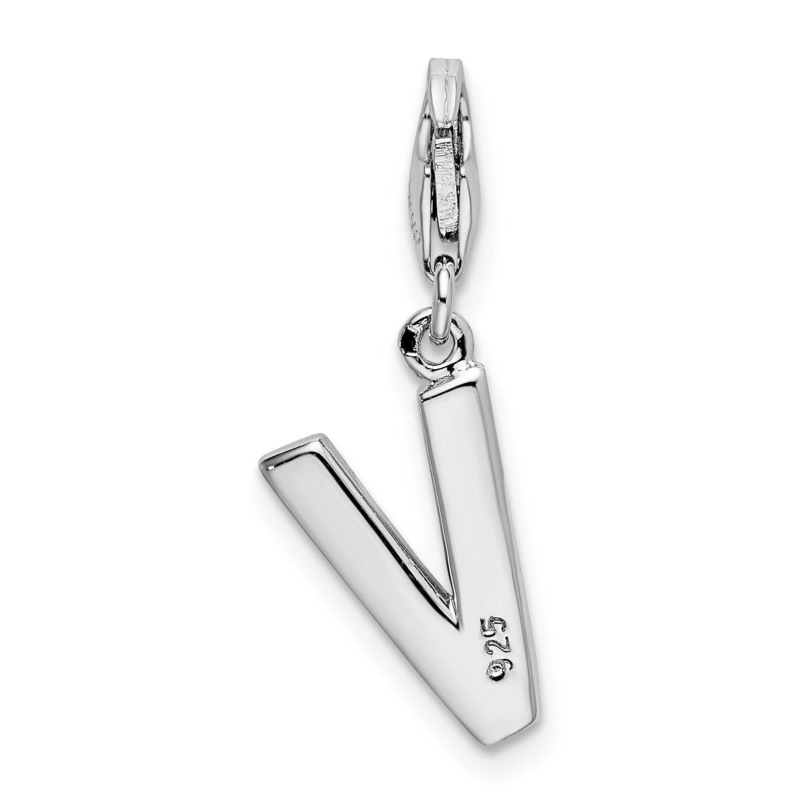 Sterling Silver Amore La Vita Rhodium-Plated Polished Cz Letter V Initial Charm With Fancy Lobster Clasp