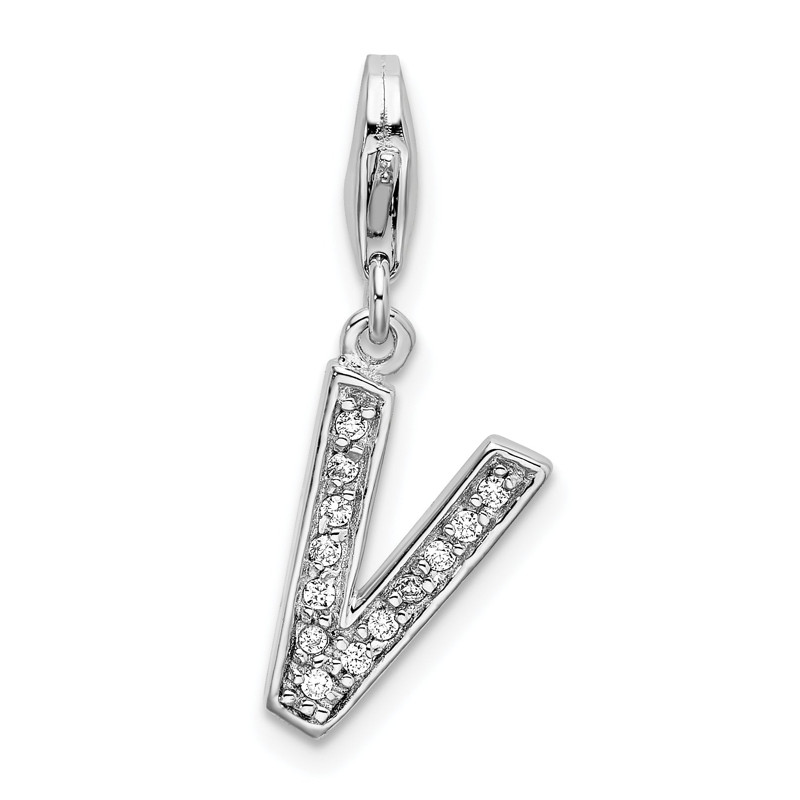 Sterling Silver Amore La Vita Rhodium-Plated Polished Cz Letter V Initial Charm With Fancy Lobster Clasp