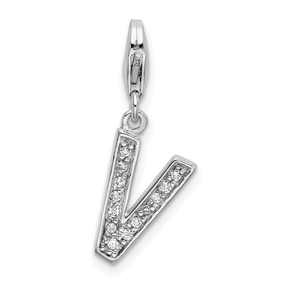 Sterling Silver Amore La Vita Rhodium-Plated Polished Cz Letter V Initial Charm With Fancy Lobster Clasp