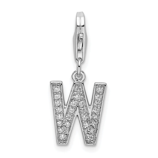 Sterling Silver Amore La Vita Rhodium-Plated Polished Cz Letter W Initial Charm With Fancy Lobster Clasp