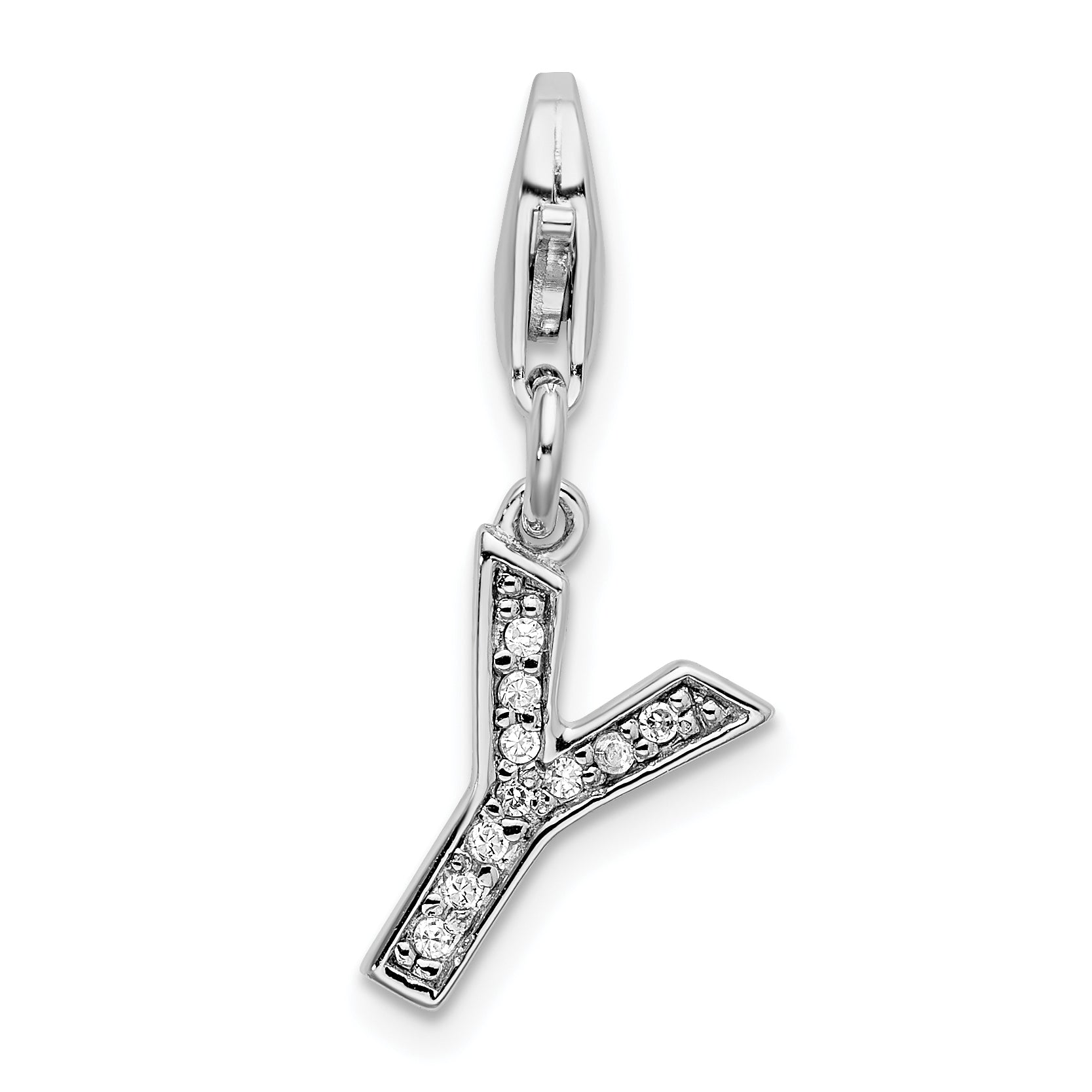 Sterling Silver Amore La Vita Rhodium-Plated Polished Cz Letter Y Initial Charm With Fancy Lobster Clasp