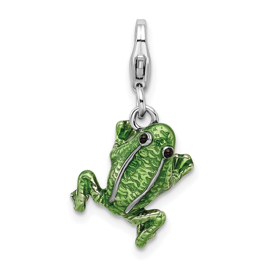Sterling Silver Amore La Vita Rhodium-Plated Polished 3-D Enameled Frog Charm With Fancy Lobster Clasp