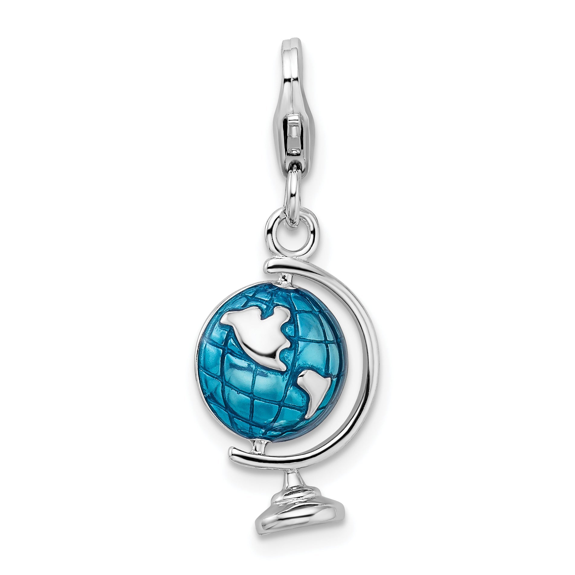 Sterling Silver Amore La Vita Rhodium-Plated Polished 3-D Enameled Globe Charm With Fancy Lobster Clasp