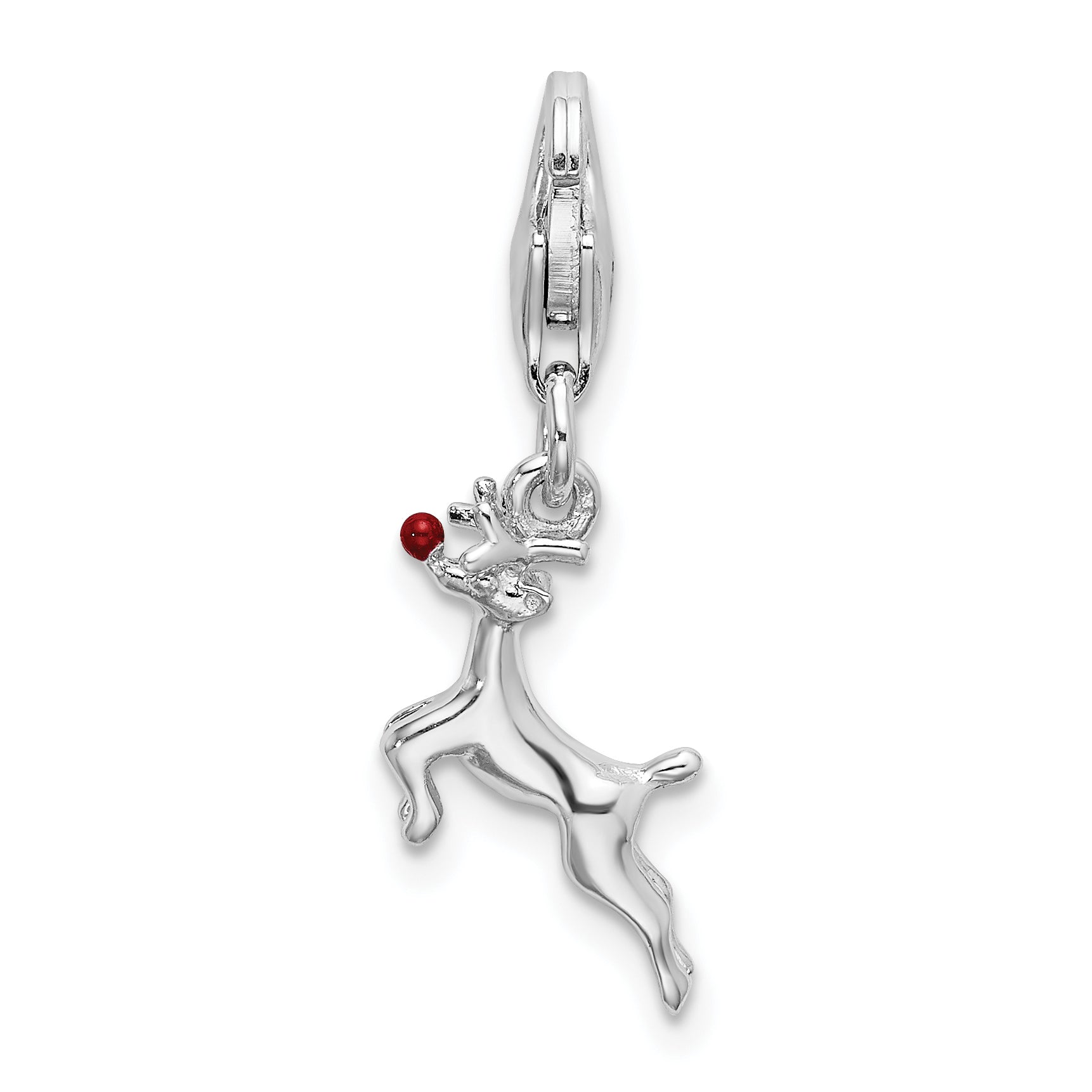 Sterling Silver Amore La Vita Rhodium-Plated Polished 3-D Enameled Reindeer Charm With Fancy Lobster Clasp