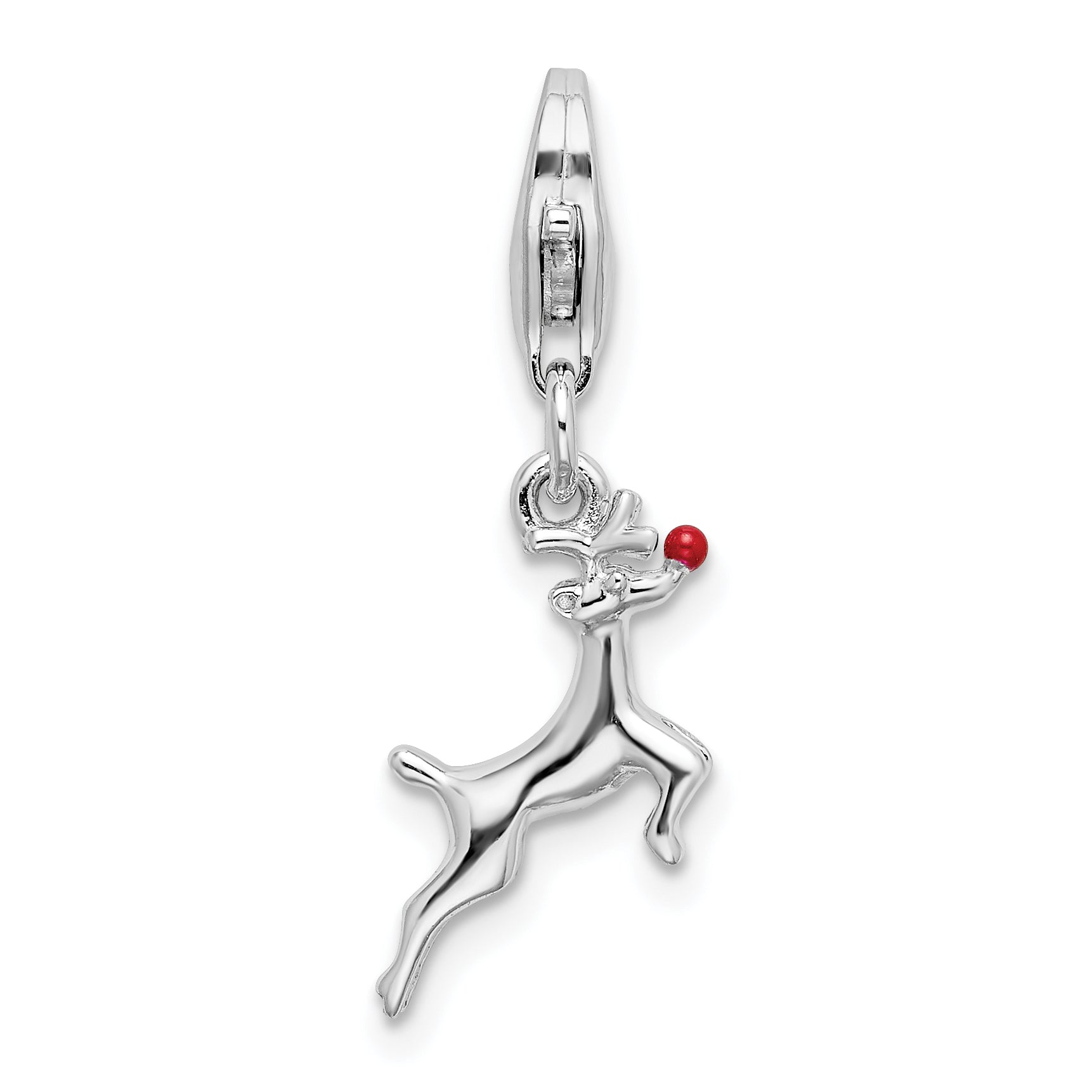 Sterling Silver Amore La Vita Rhodium-Plated Polished 3-D Enameled Reindeer Charm With Fancy Lobster Clasp