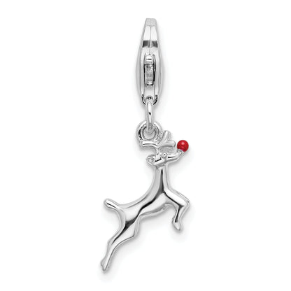 Sterling Silver Amore La Vita Rhodium-Plated Polished 3-D Enameled Reindeer Charm With Fancy Lobster Clasp