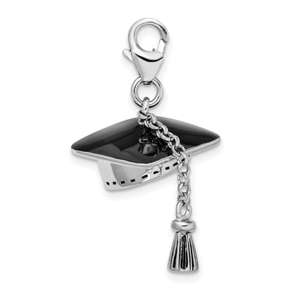 Sterling Silver Amore La Vita Rhodium-Plated Polished 3-D Moveable Graduation Cap And Tassel Charm With Fancy Lobster Clasp